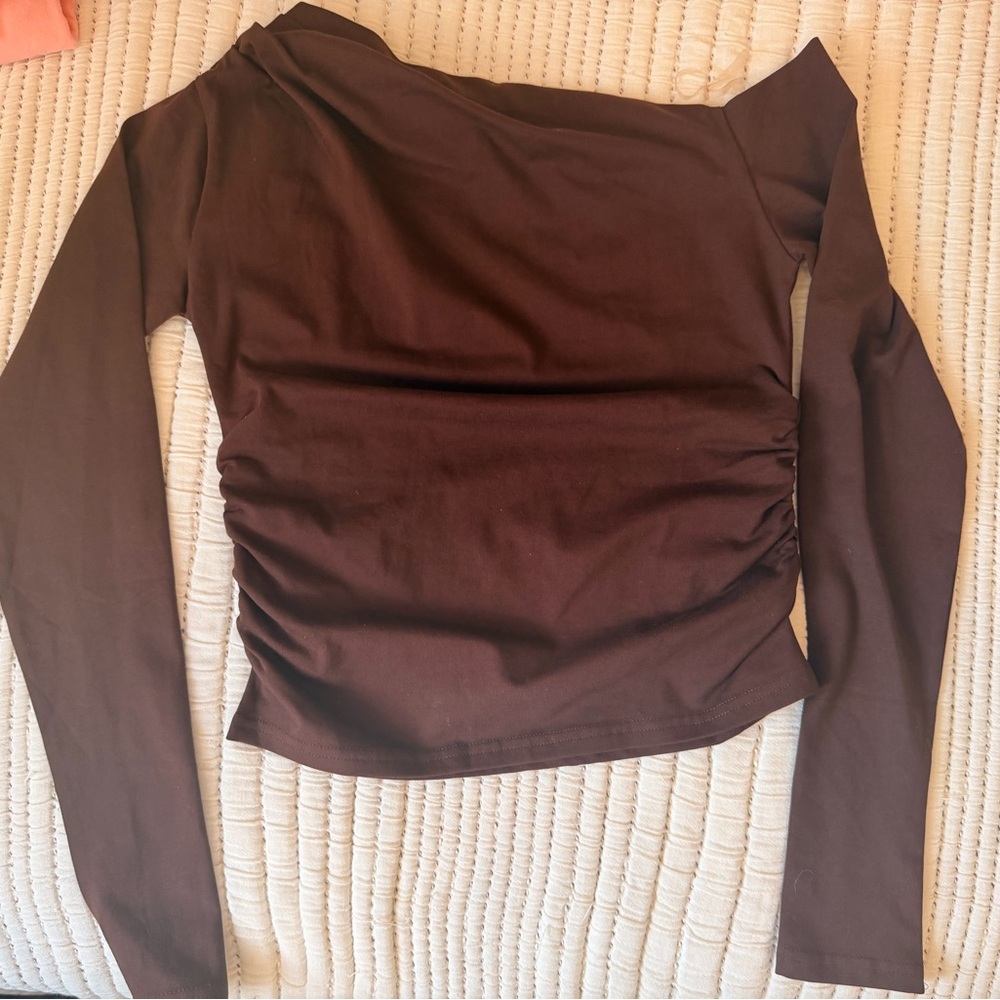 J. Crew Brown Asymmetric One-Shoulder Long Sleeve Top - Picture 3 of 7
